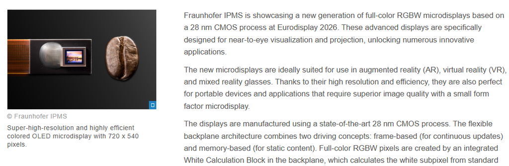 Fraunhofer IPMS (Germany) Unveils 5040 PPI Full-Color RGBW Microdisplay